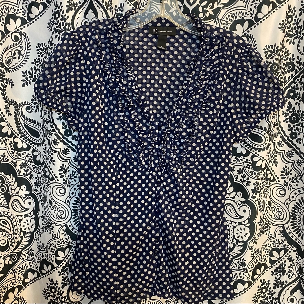 Navy Blue Blouse with Polkadots and Ruffled Neckline